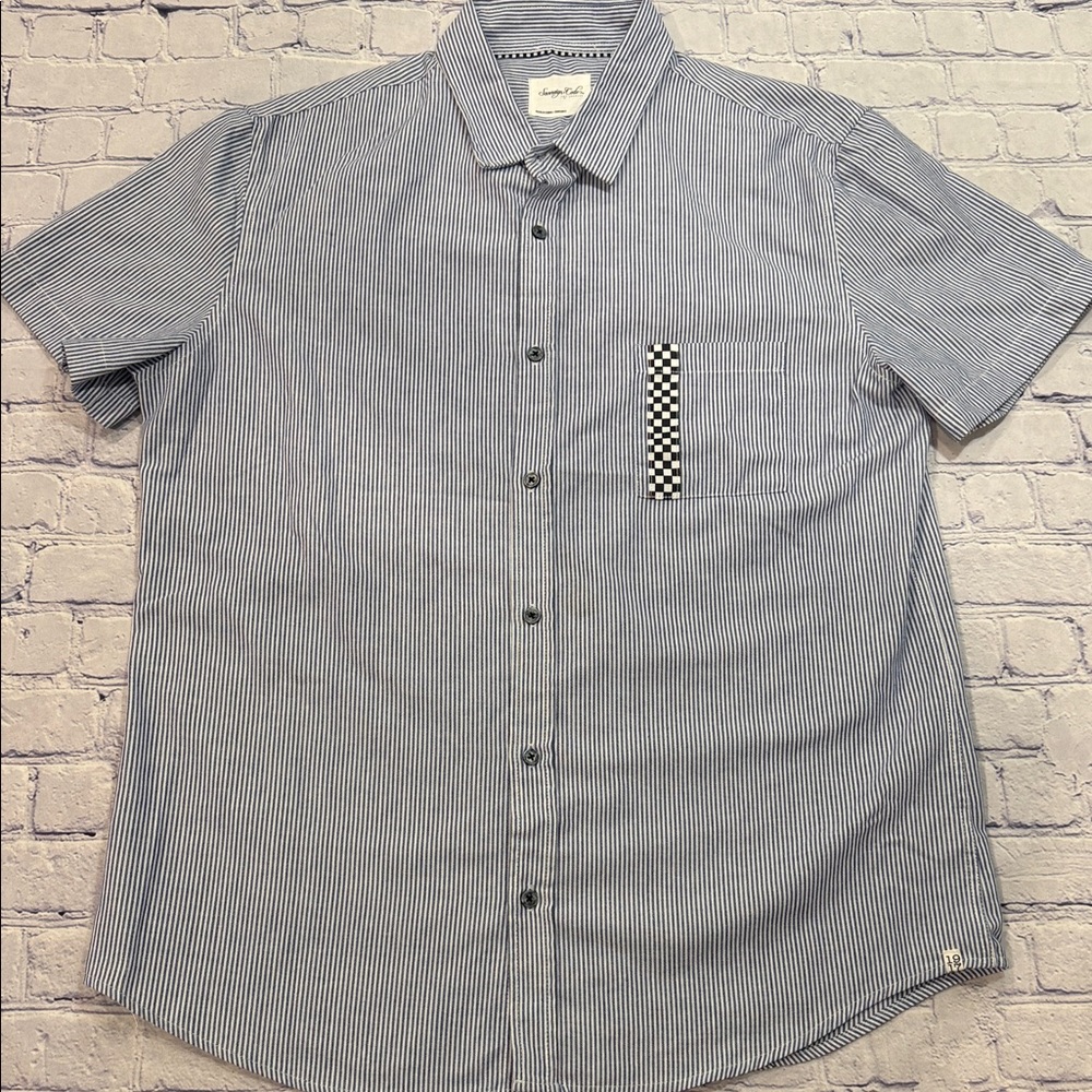 Sovereign Code Los Angeles Men's Blue and White Striped 1917 Button Kidd Shirt L